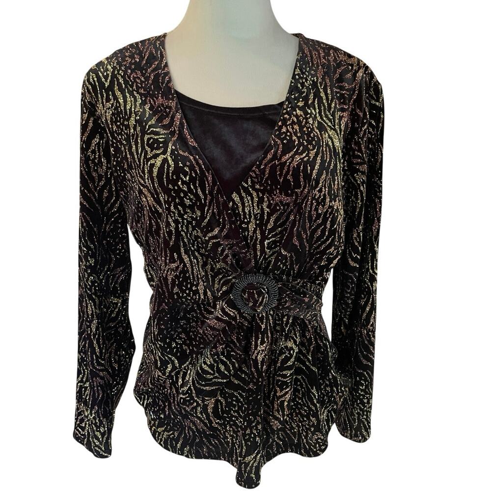 Elegant Vintage Notations Gold Glitter Wrap Effect Blouse Zebra Print